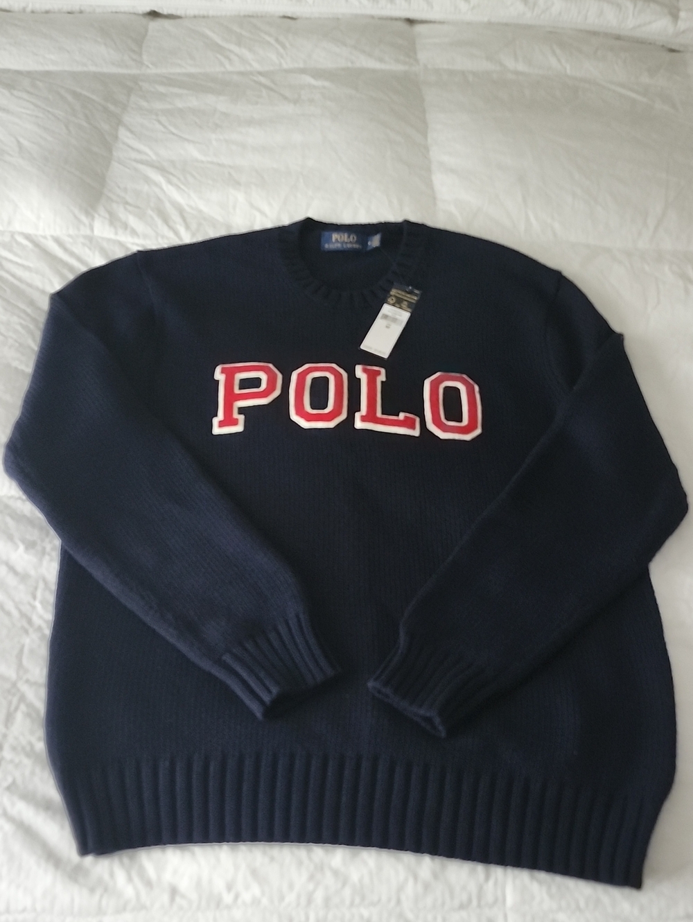Polo by Ralph Lauren Navy Crewneck Sweater with Red and White Logo